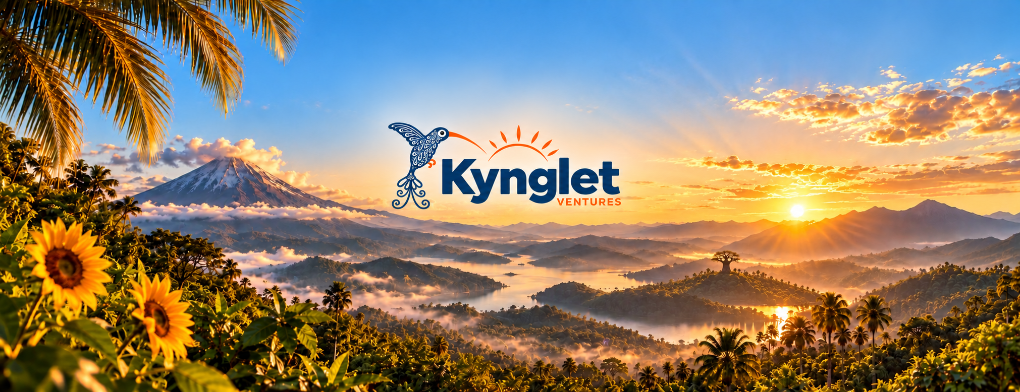 Kynglet sunrise landscape with volcano, palms, sunflowers and a distant baobab