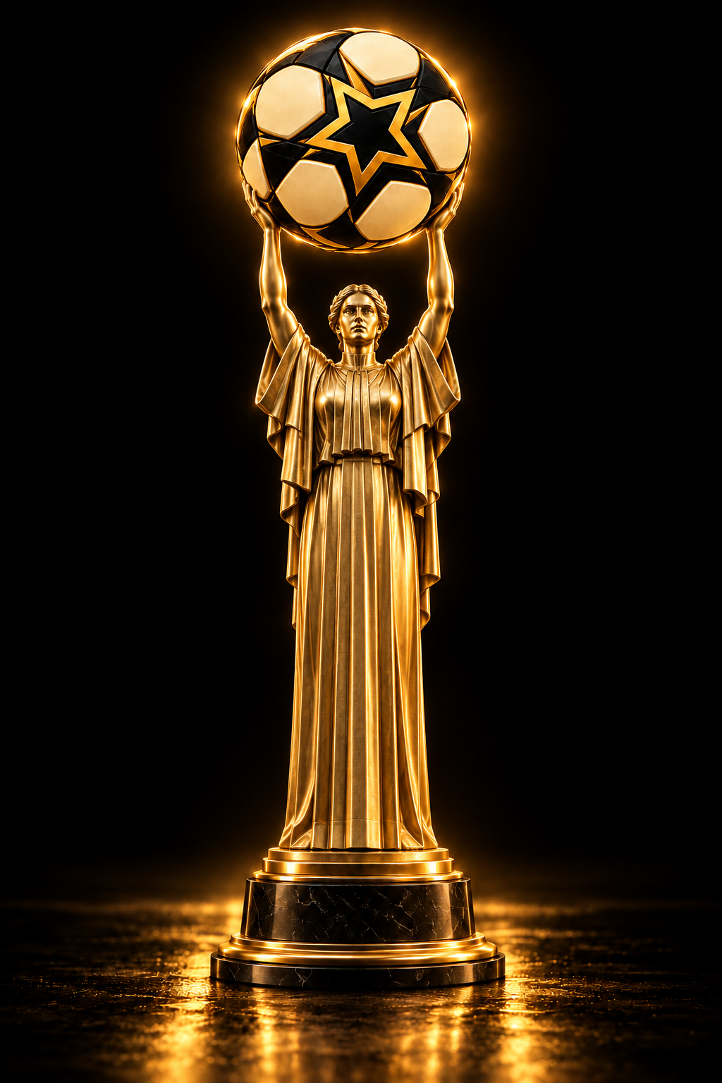 A figure raising the StarSmart star-ball, inspired by Kyiv's Motherland monument and the lifted globe of the World Cup trophy: individual strength raised for the team.