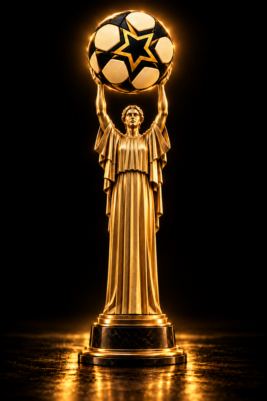 A figure raising the StarSmart star-ball, inspired by Kyiv's Motherland monument and the lifted globe of the World Cup trophy: individual strength raised for the team.